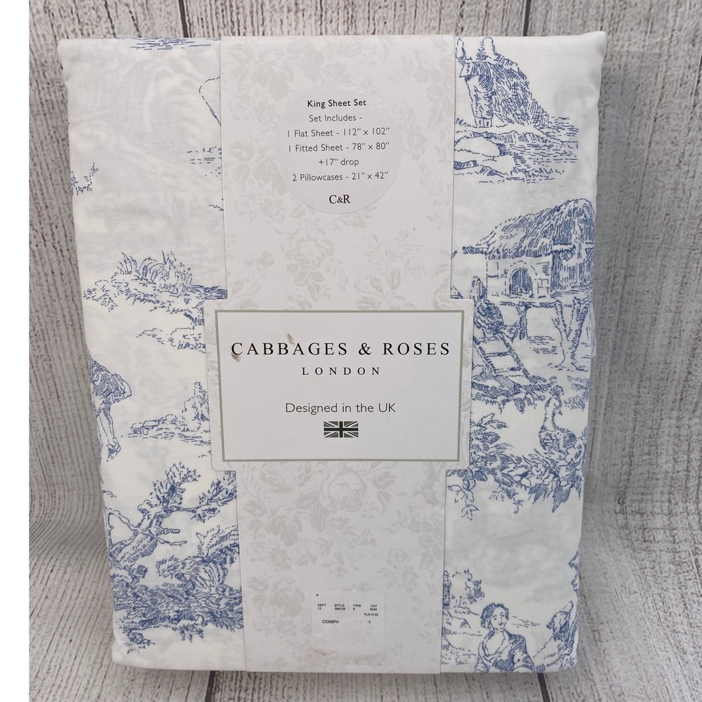 Cabbages & Roses Sheet Set King Blue Country Toile 100% Cotton 200TC Percale